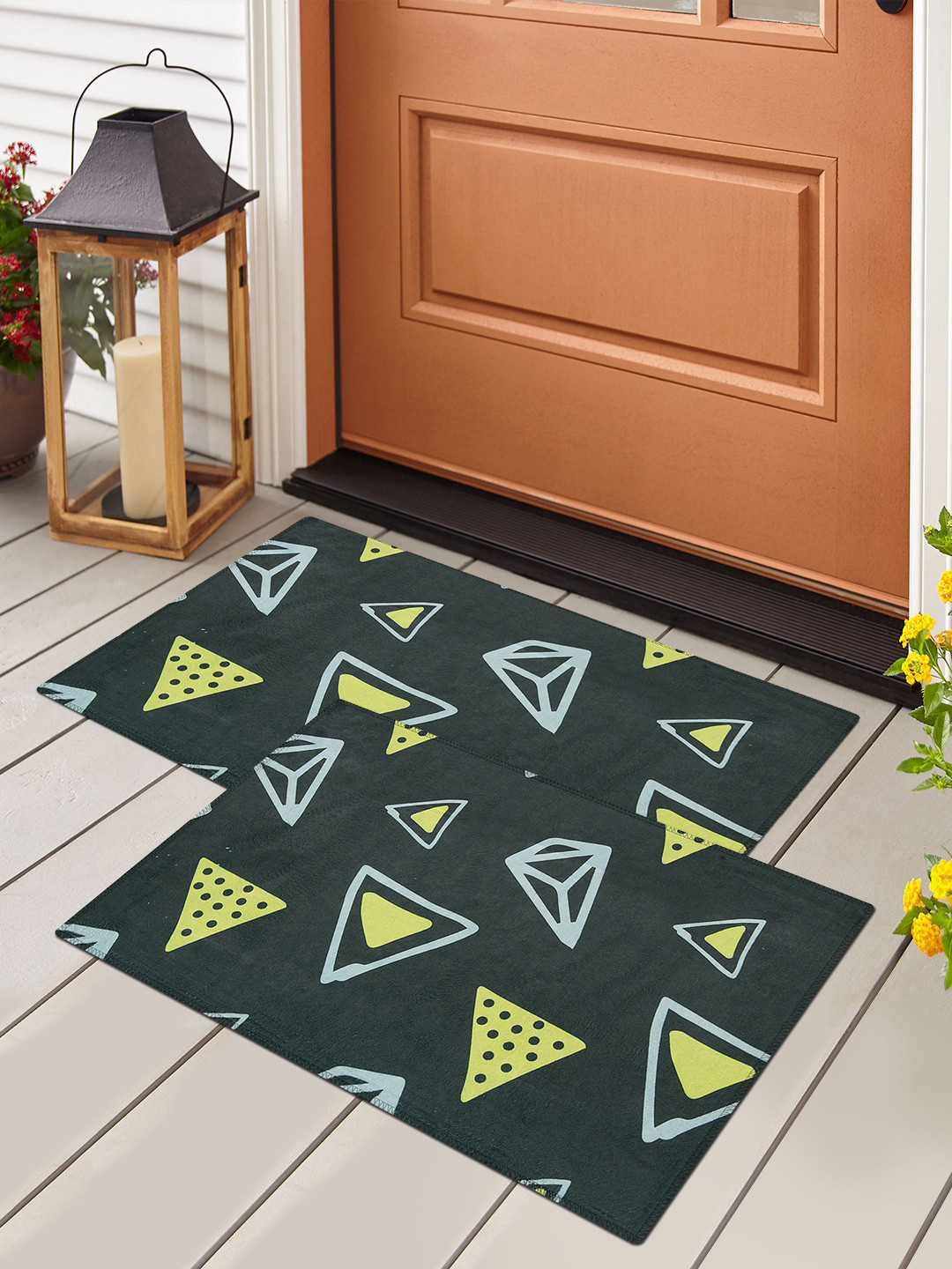 

Story@home Set Of 2 Green & Yellow Printed Anti-Skid Doormats