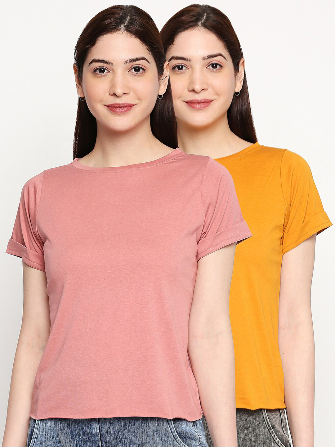 

inocenCia Women Pack of 2 Solid Round Neck T-shirts, Peach