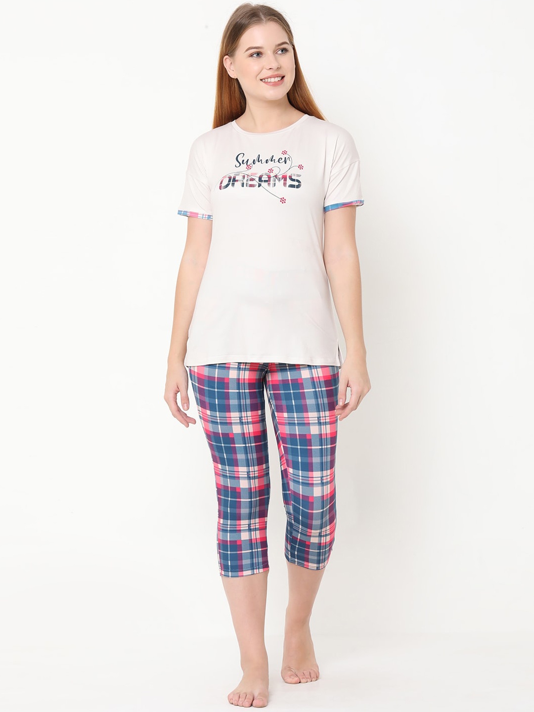 

Sweet Dreams Women Off-White & Blue Printed Night suit