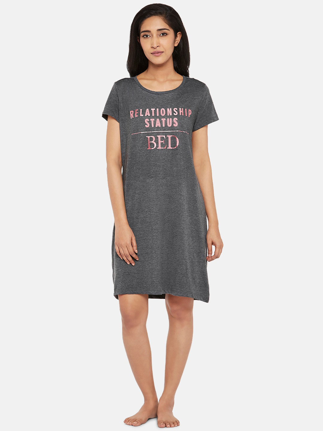 

Dreamz by Pantaloons Grey & Pink Printed Nightdress