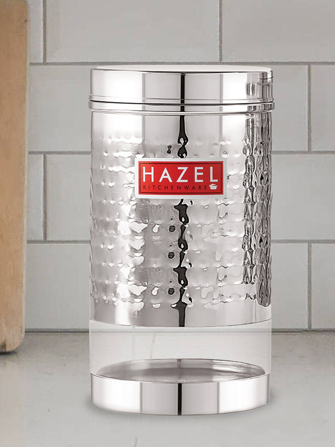 

HAZEL Set Of 2 Silver-Toned Hammered Finish Stainless Steel Storage Jars 900 ml