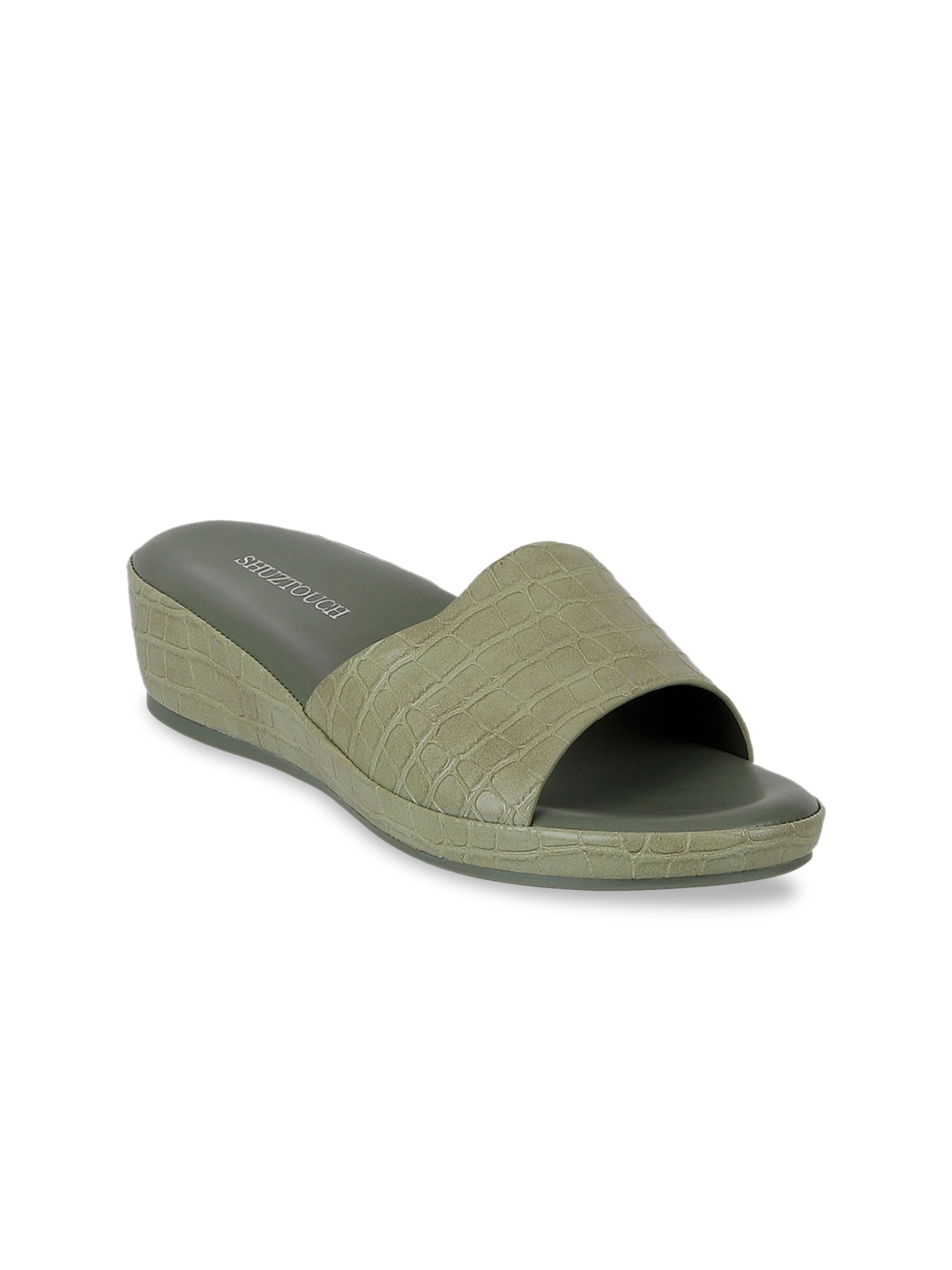 

SHUZ TOUCH Women Olive Green Croc Textured Wedge Heels