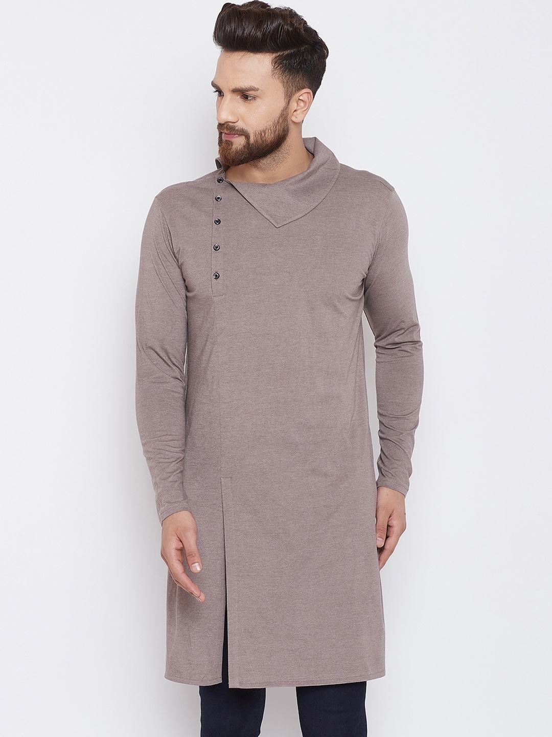 

CHILL WINSTON Men Taupe Cowl Neck Thread Work Kurta