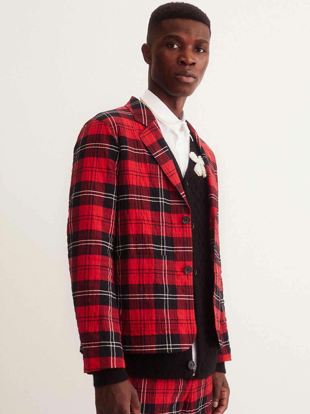 

H&M Men Red & Black Checked Cotton Blazer