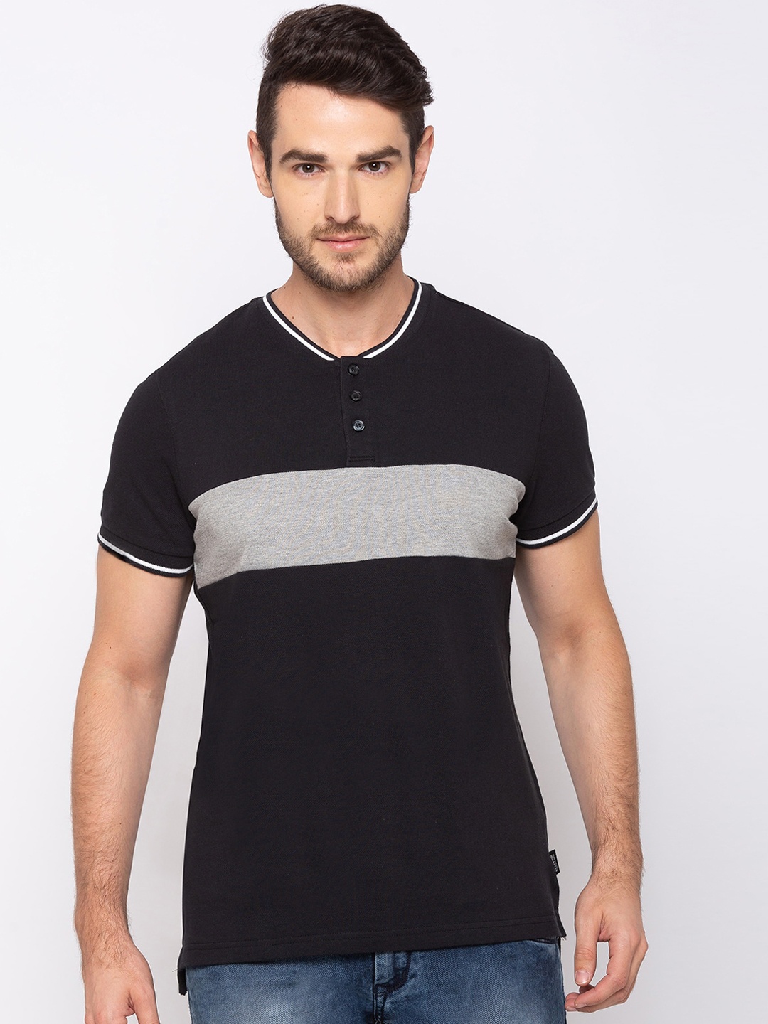 Kenneth Cole Men Black Colourblocked Henley Neck T-shirt
