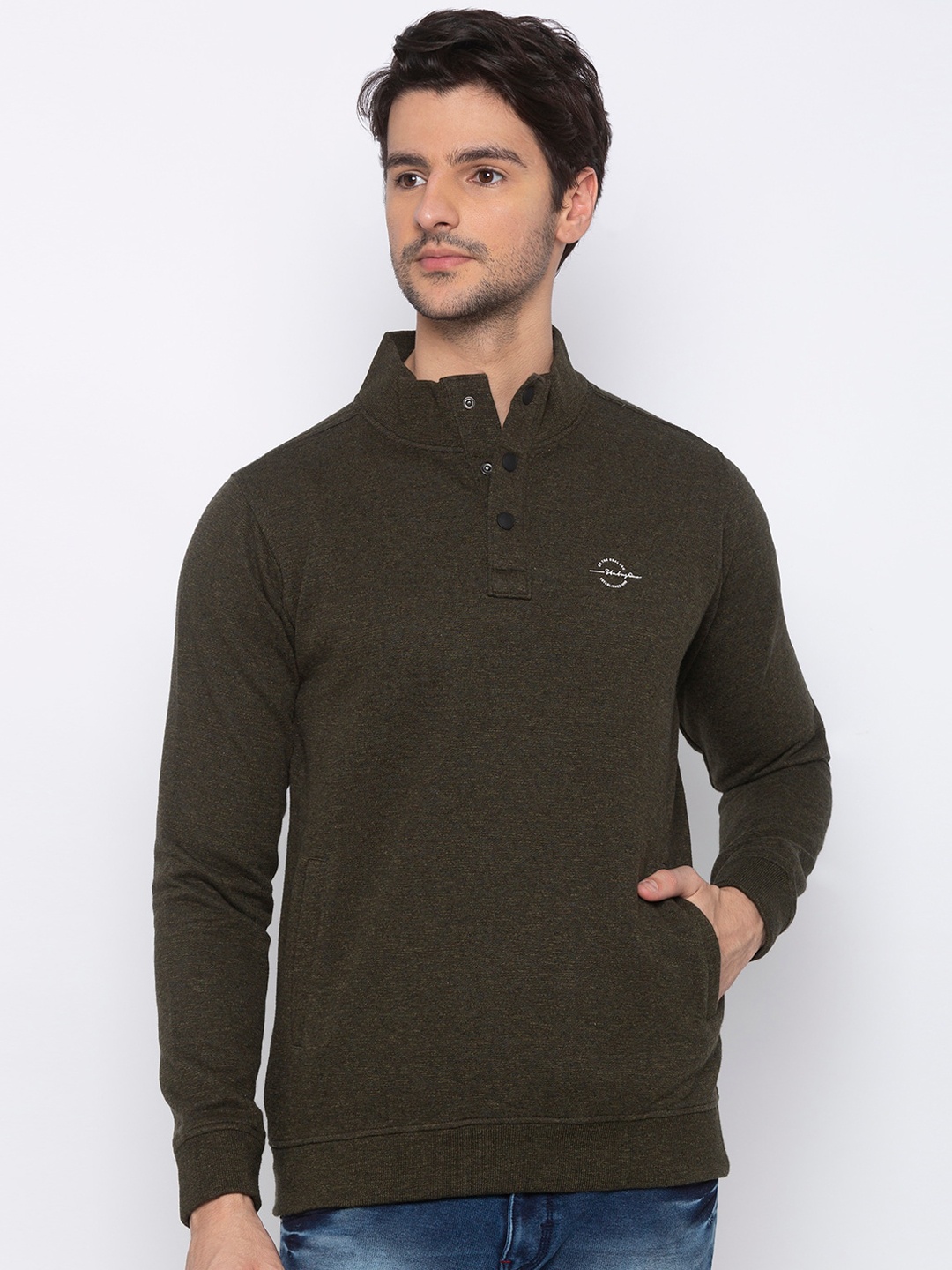 

Status Quo Men Olive Green Self Design Sweatshirt