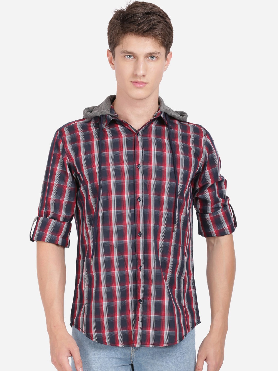 

IVOC Men Red & Navy Blue Regular Fit Checked Hooded Cotton Casual Shirt