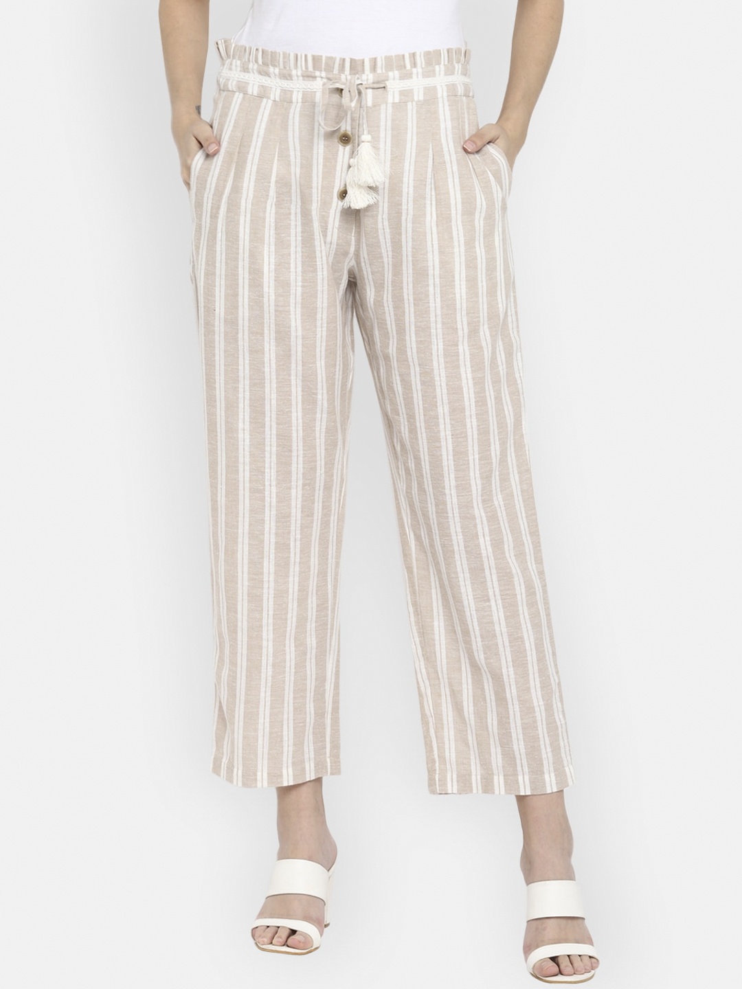 BLANC9 Women Beige Loose Fit Striped Parallel Trousers