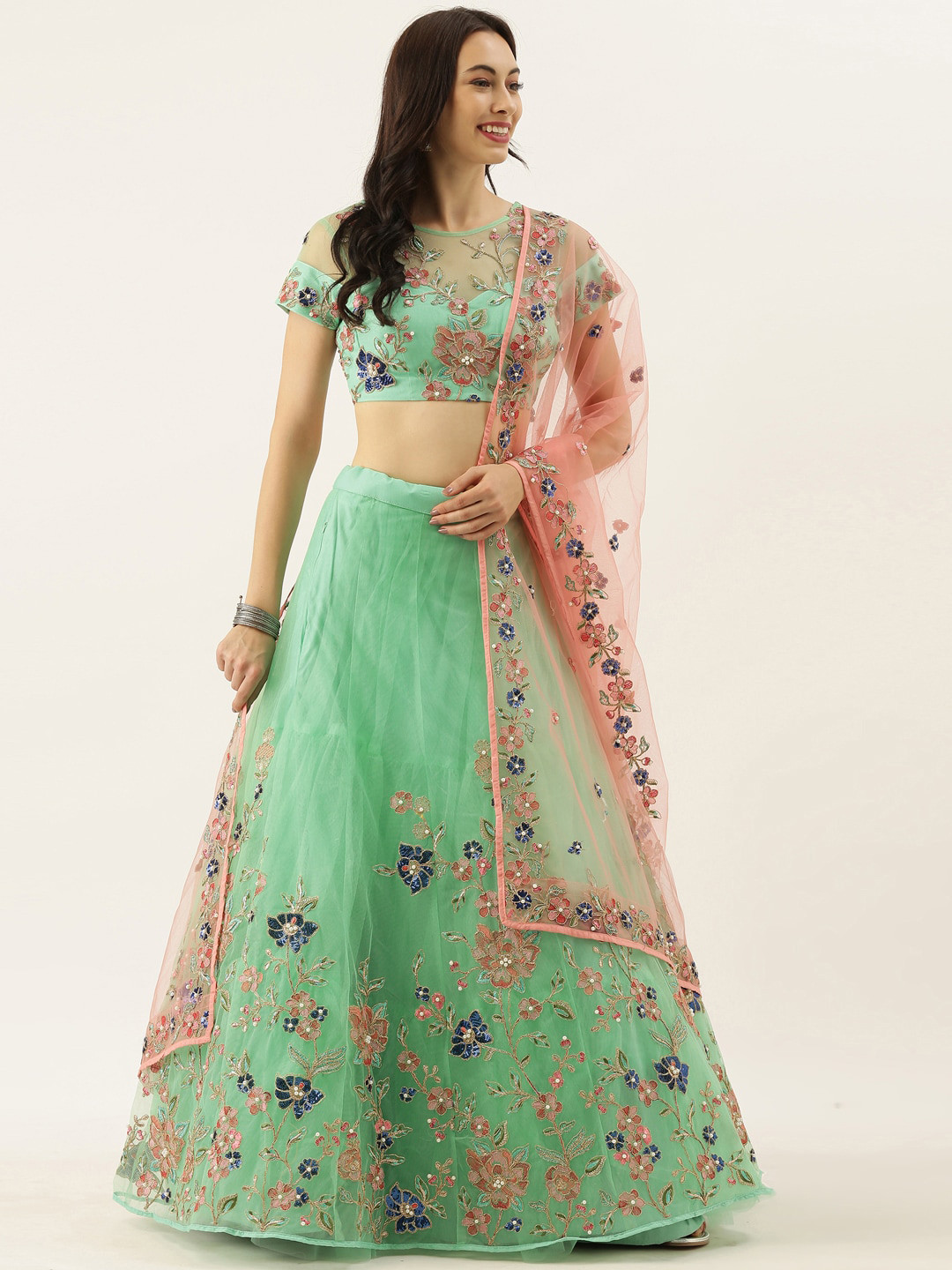 

panchhi Sea Green & Pink Embroidered Semi-Stitched Lehenga & Unstitched Blouse with Dupatta
