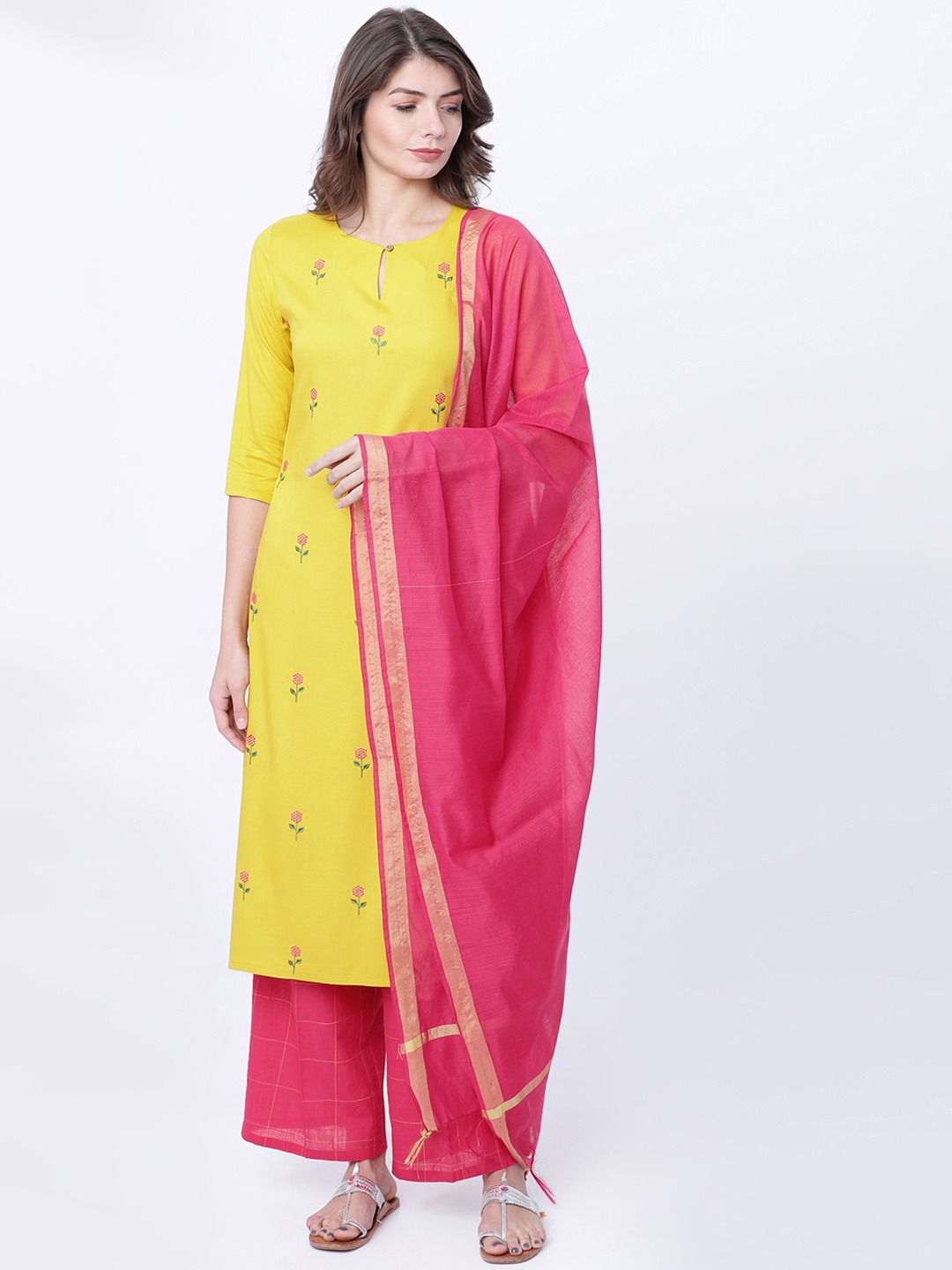 

Vishudh Women Mustard & Pink Printed Kurta with Palazzo and Dupatta