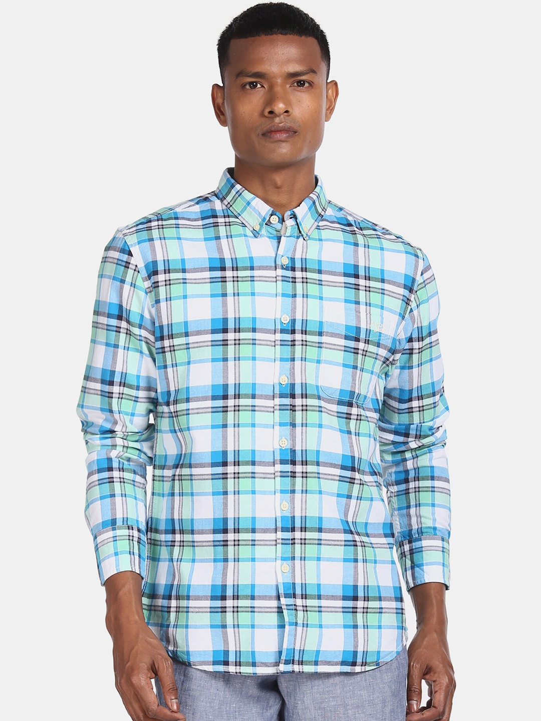 

Aeropostale Men White & Green Regular Fit Checked Casual Cotton Shirt