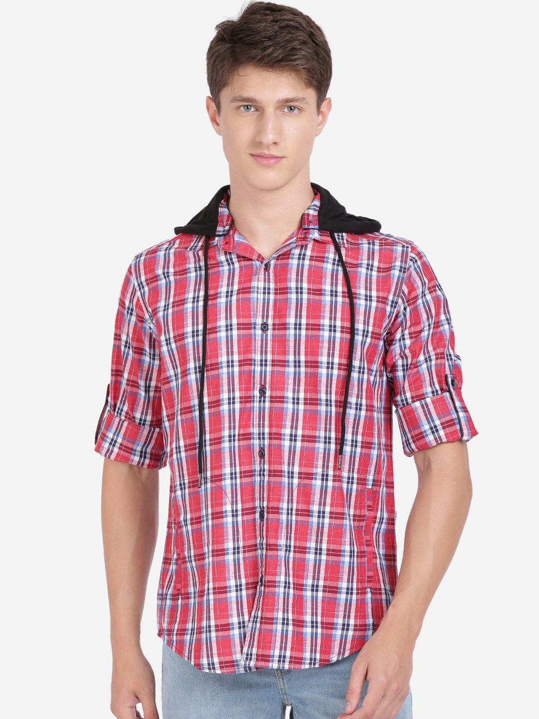 

IVOC Men Red Regular Fit Checked Hooded Casual Shirt