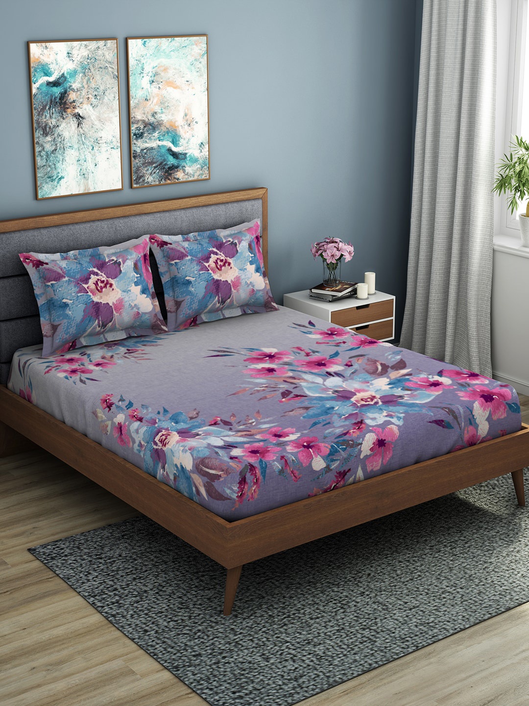 

SPACES Organic Cotton Lavender & Blue Floral 180 TC Cotton 1 Queen Bedsheet with 2 Pillow Covers