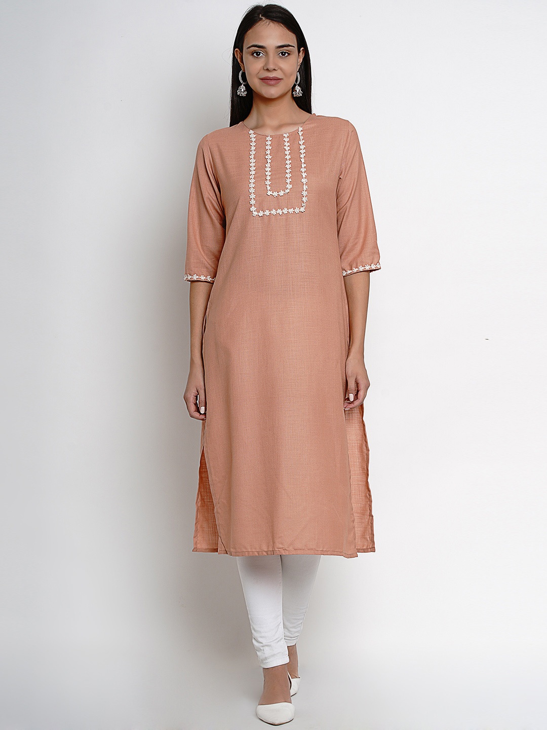 

Bhama Couture Women Peach-Coloured Floral Yoke Design Kurta