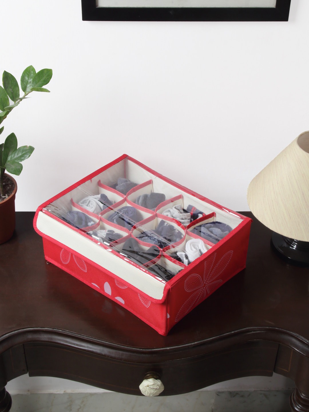 

HOSTA HOMES Red & White Printed 12 Pocket Multipurpose Foldable Organiser