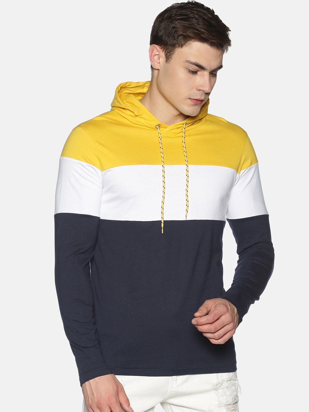 

UrGear Men Yellow Navy Blue Colourblocked Hood Pure Cotton T-shirt