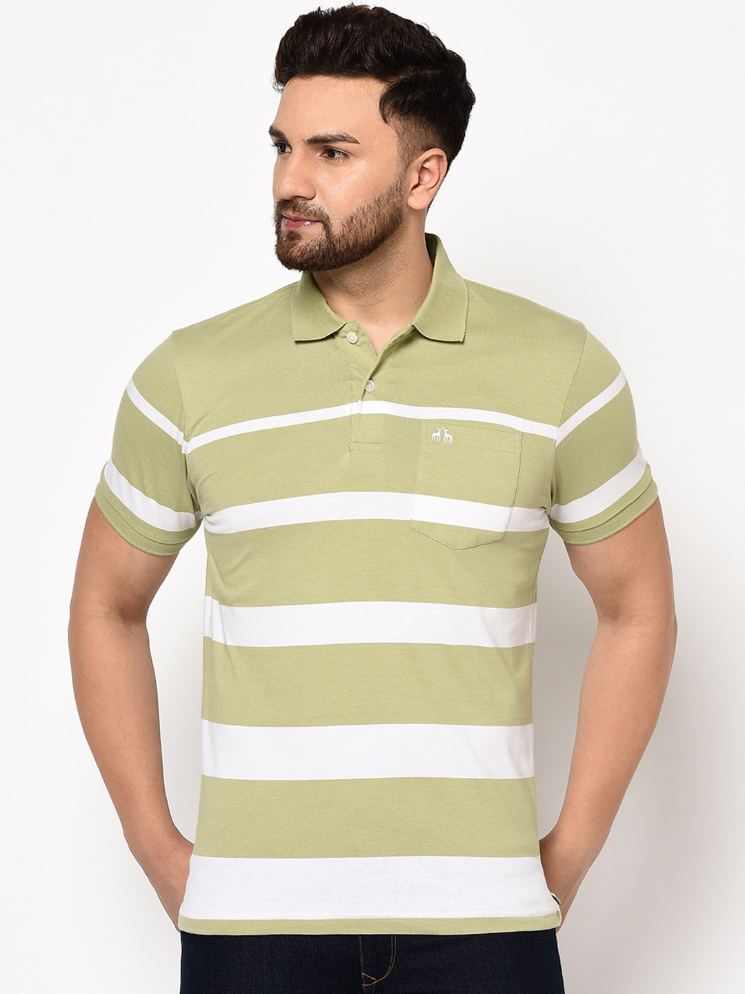 

98 Degree North Men Green Striped Polo Collar T-shirt