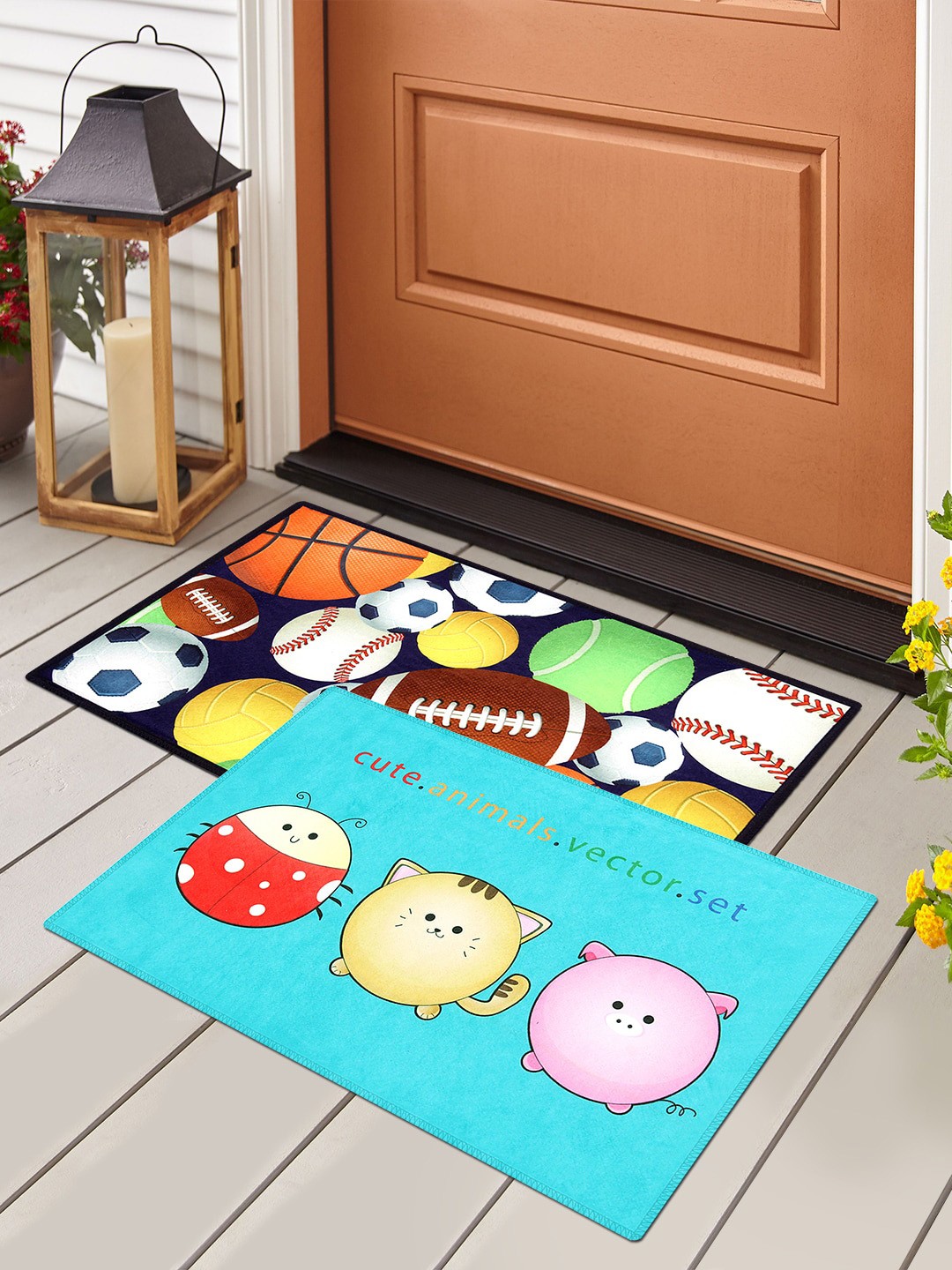 

Story@home Set Of 2 Printed Anti-Skid Doormats, Black