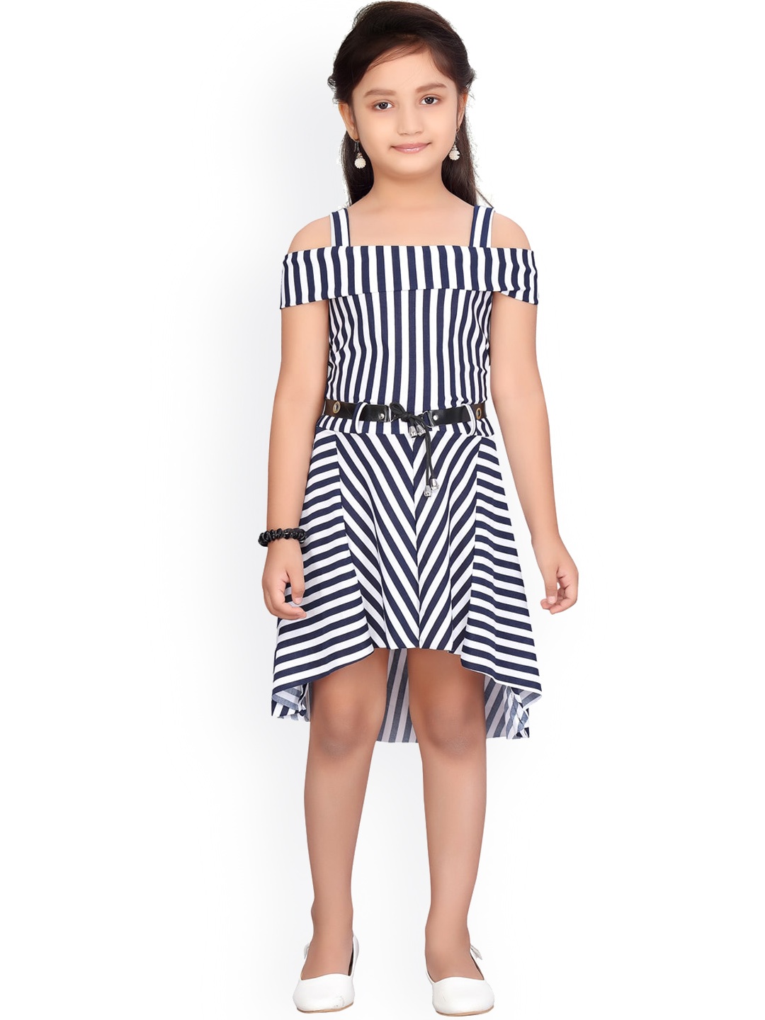 

Aarika Girls White & Navy Blue Striped Fit and Flare Dress