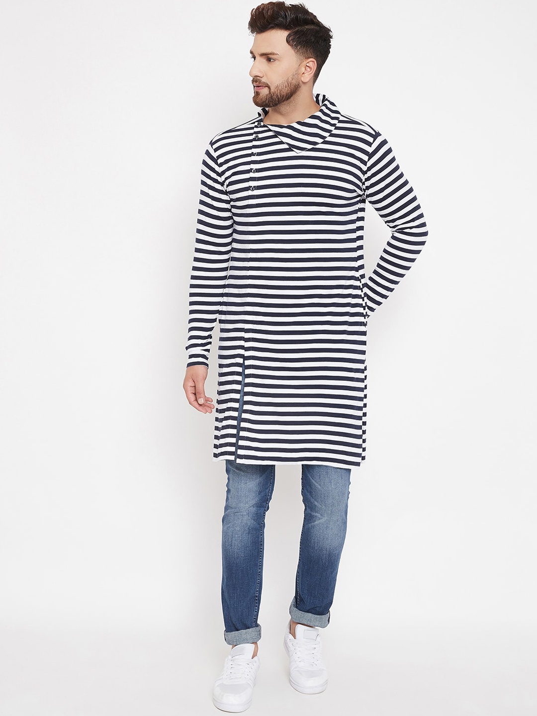 CHILL WINSTON Men Navy Blue & White Striped Patchwork Kurta