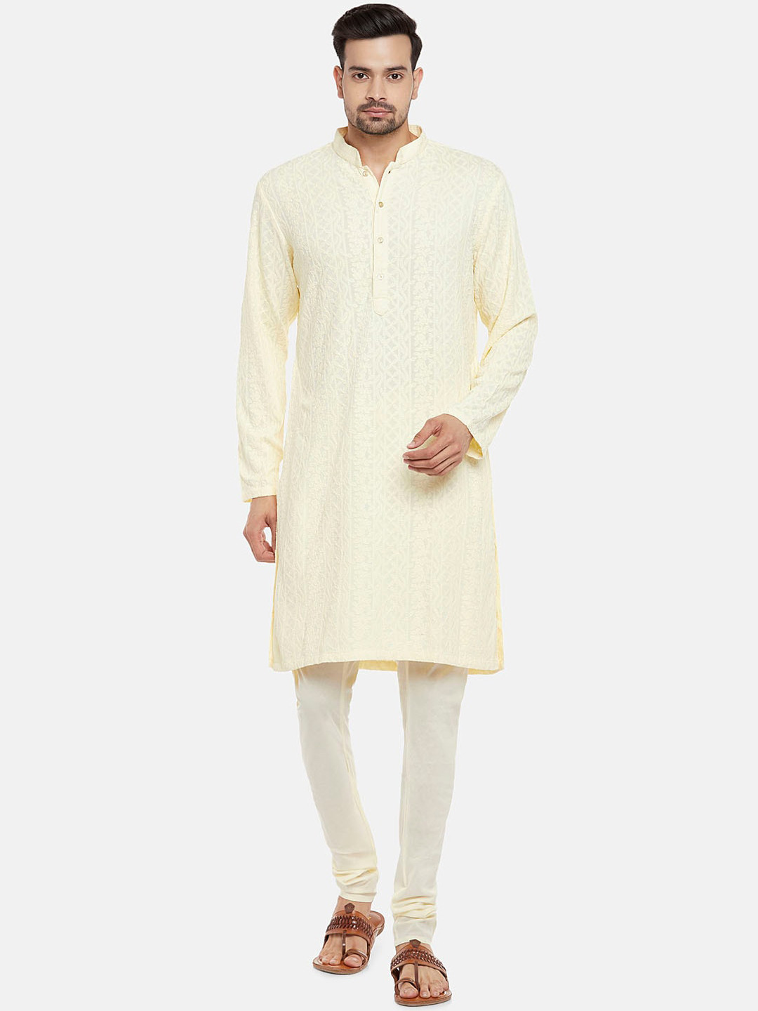 

Ethnicity Men Cream-Coloured Self Design Kurta with Churidar