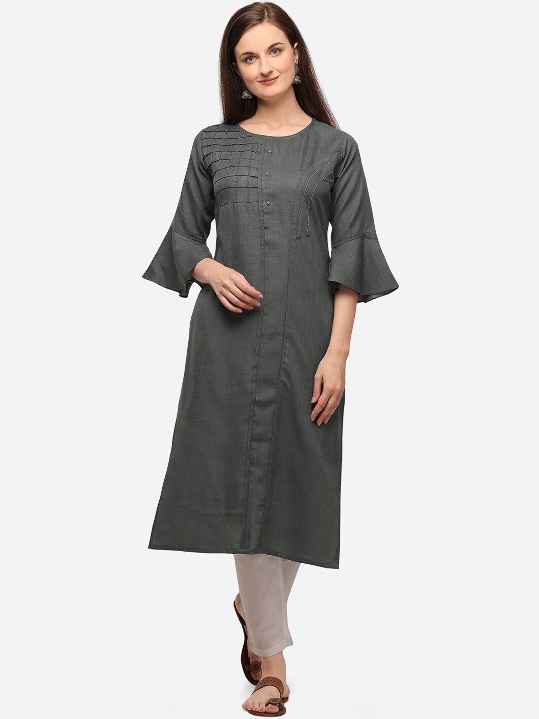 SheWill Women Grey Bell Sleeves Thread Work Kurta