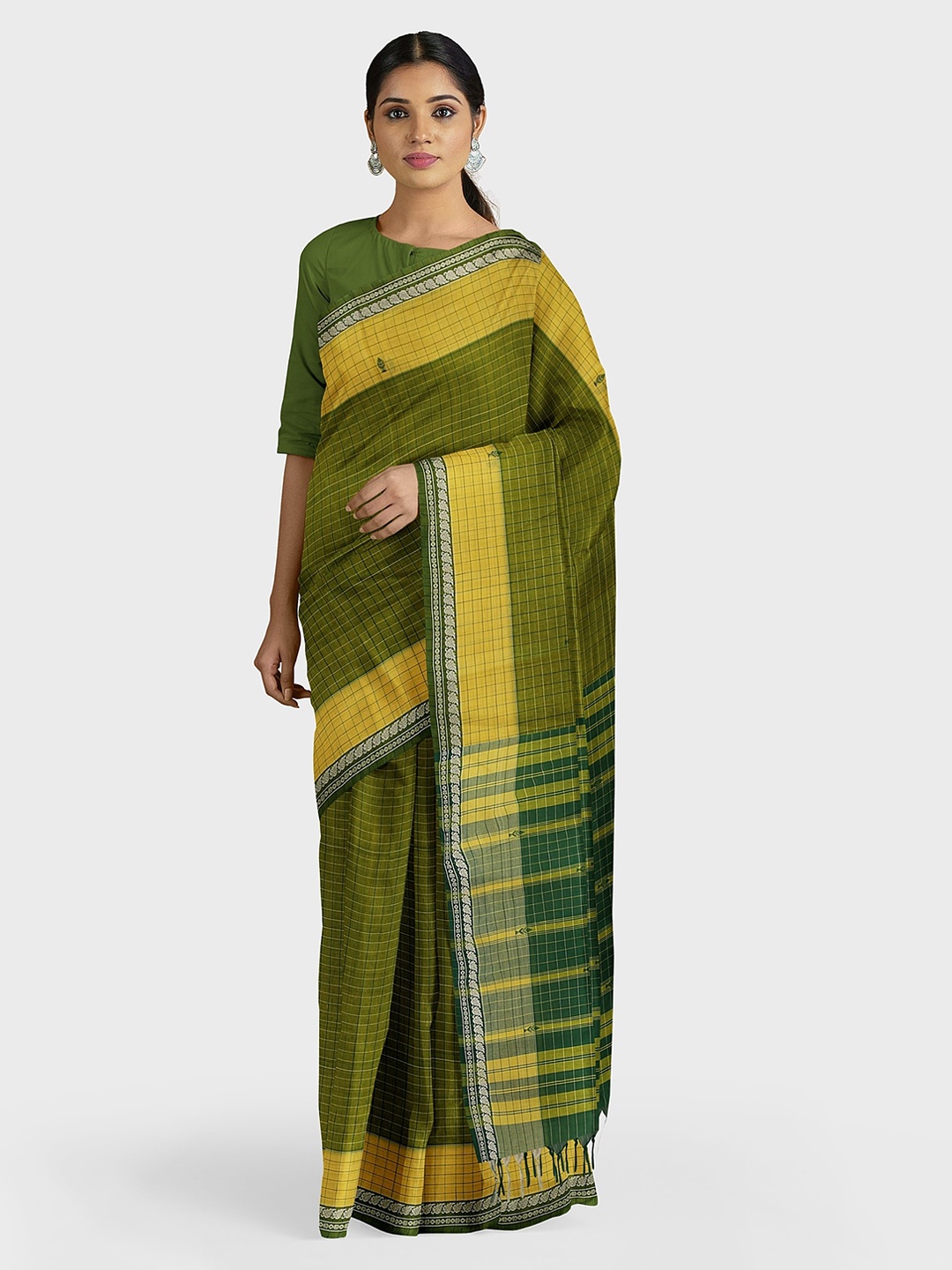 

APCO Green & Yellow Pure Cotton Checked Saree