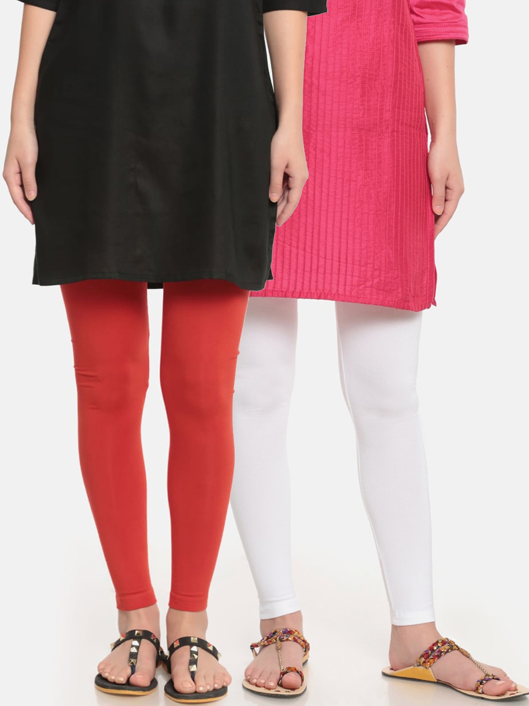 

De Moza Women Pack Of 2 White & Red Solid Ankle-Length Leggings
