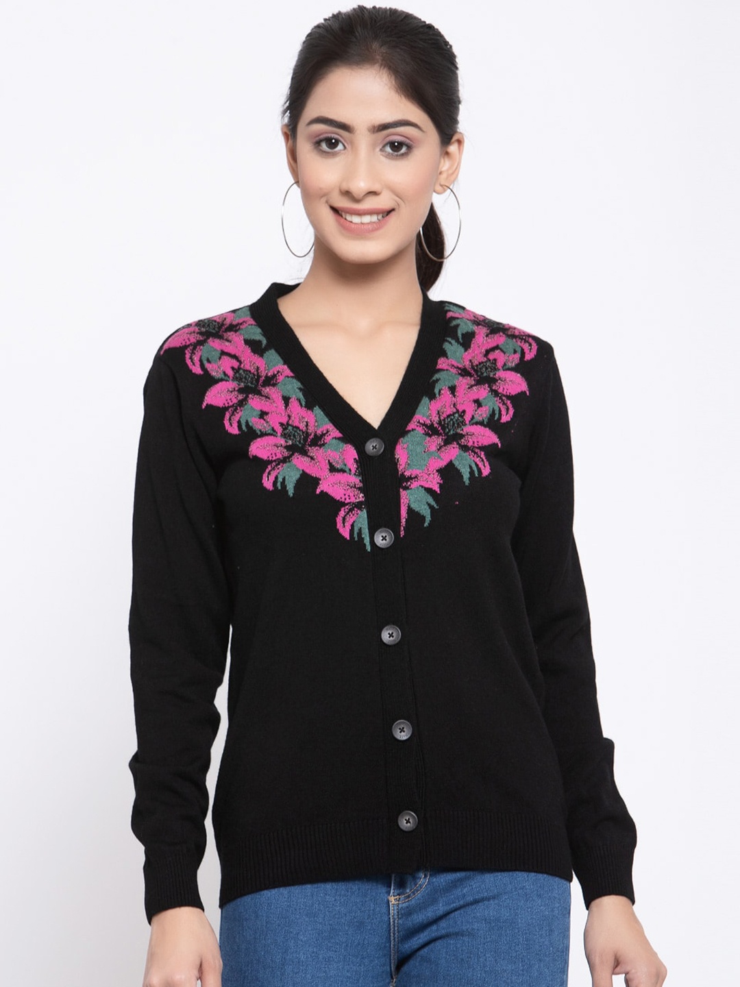 

Kalt Women Black Printed Full Sleeves Cardigan
