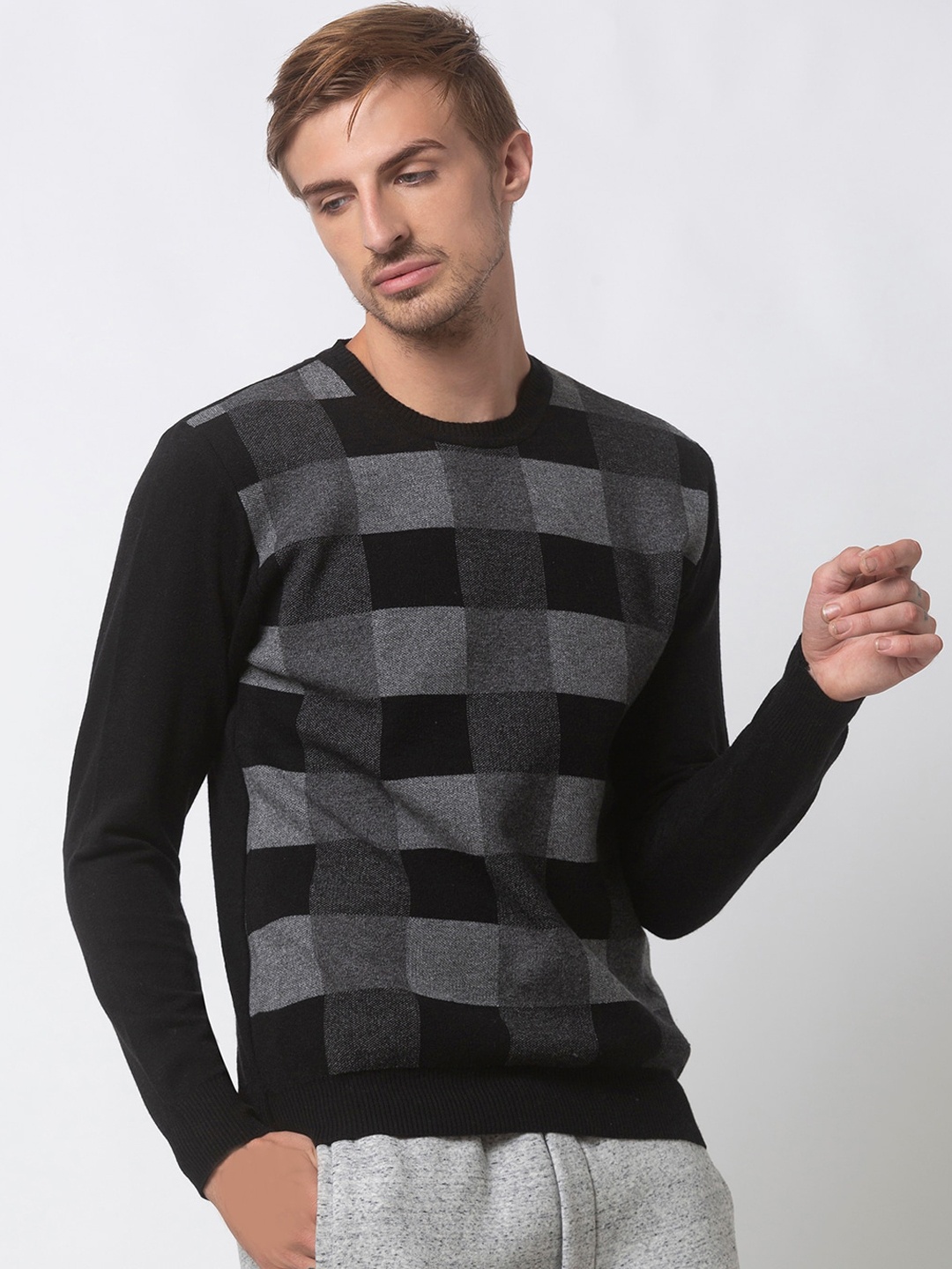

Status Quo Men Black & Grey Checked Cotton Pullover Sweater