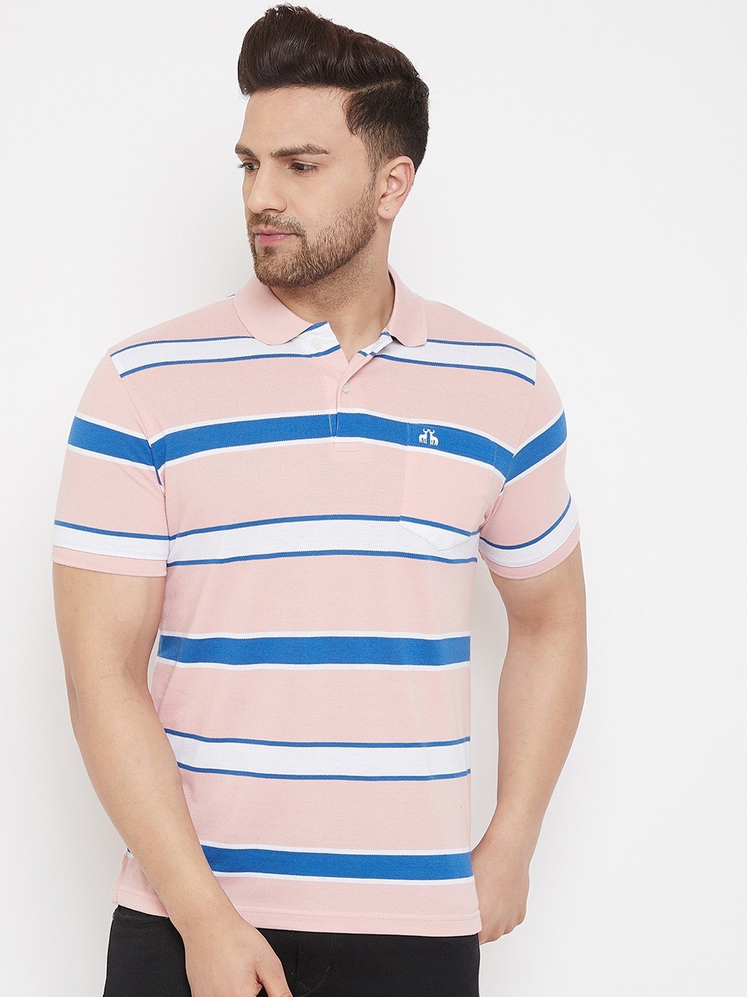 

98 Degree North Men Pink Striped Polo Collar T-shirt