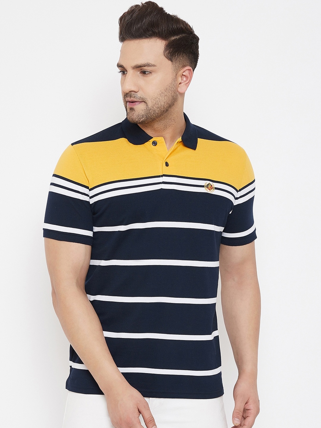 

98 Degree North Men Navy Blue Striped Polo Collar T-shirt