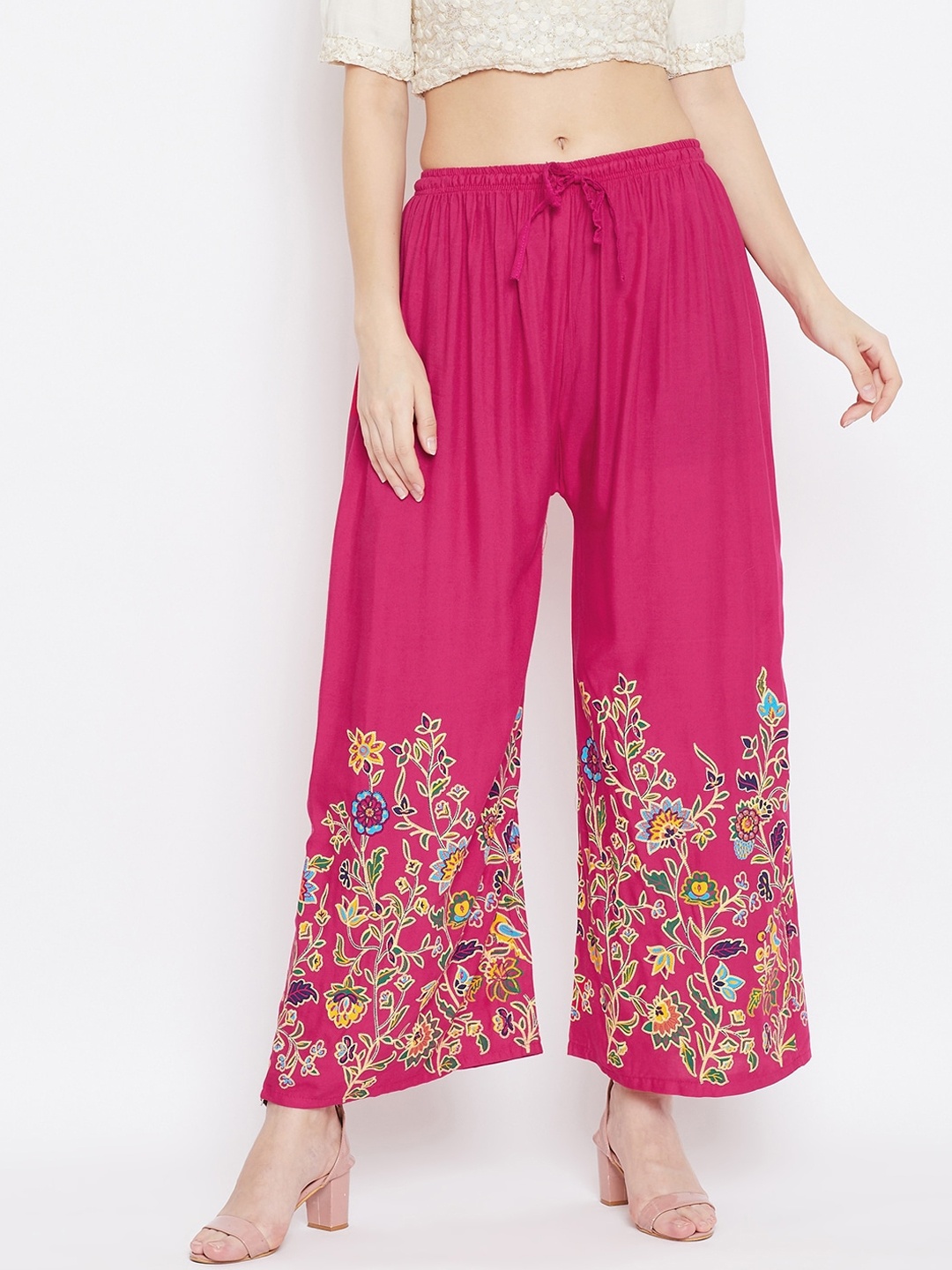

Clora Creation Women Pink & White Floral Printed Flared Ethnic Palazzos