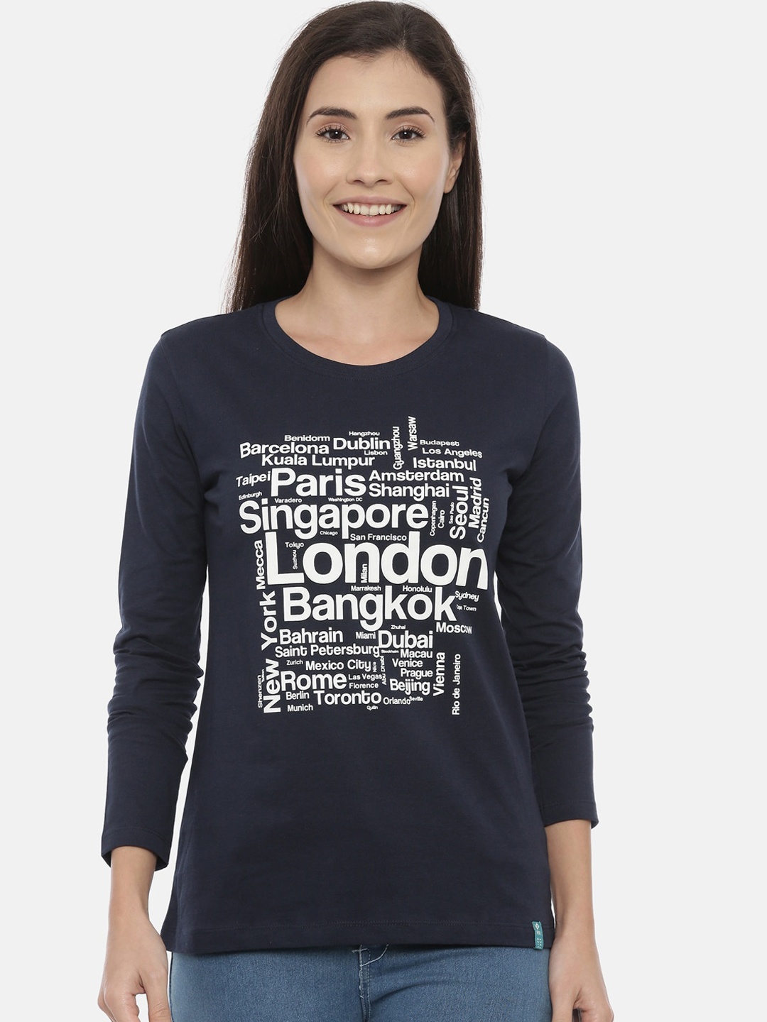 3PIN Women Navy Blue Printed Round Neck T-shirt