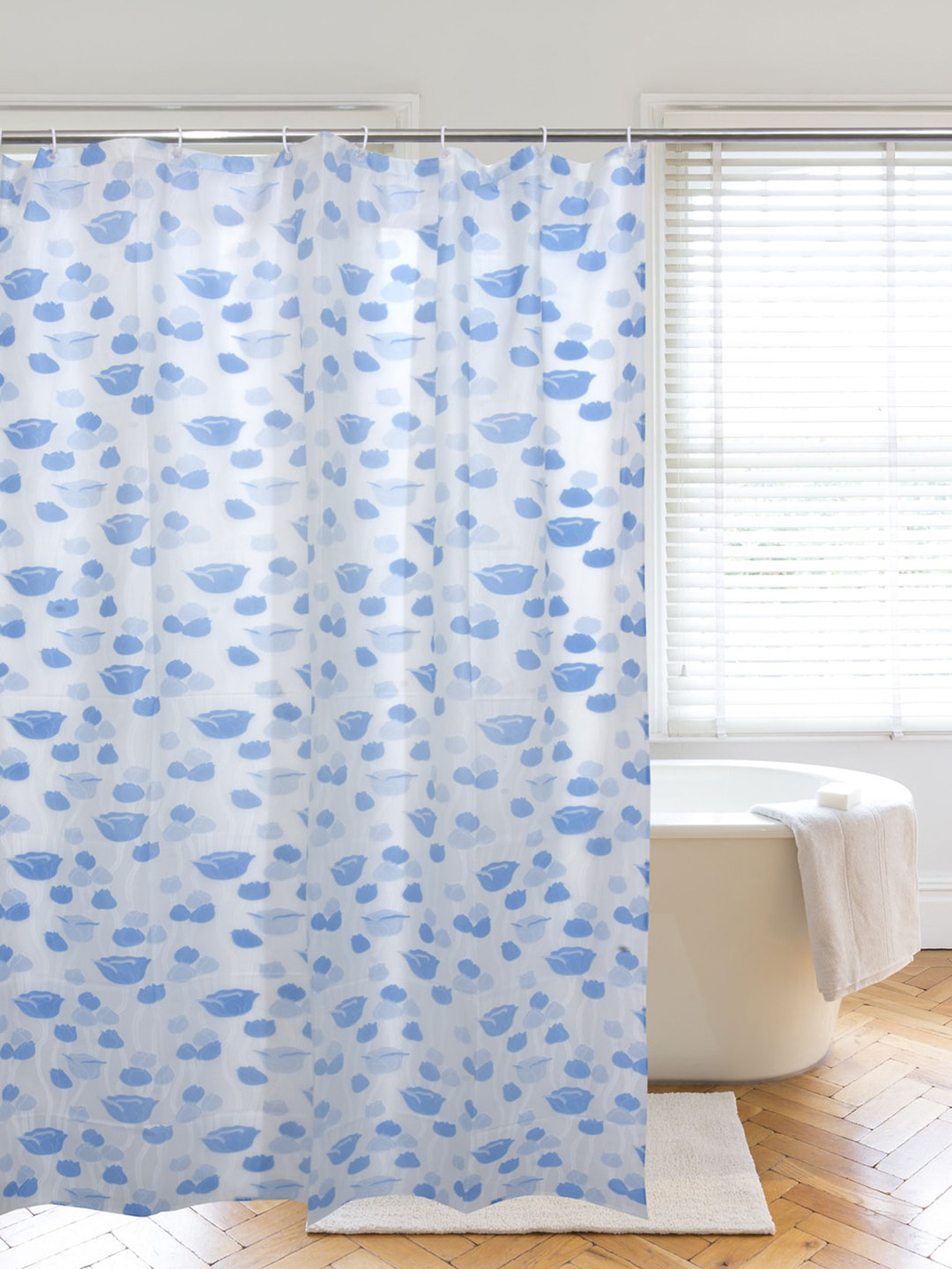 

Clasiko Blue & White Printed PVC Plastic Shower Curtain With Hooks