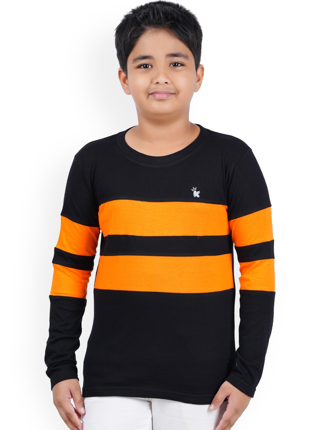 Kiddeo Boys Black & Orange Striped Round Neck T-shirt