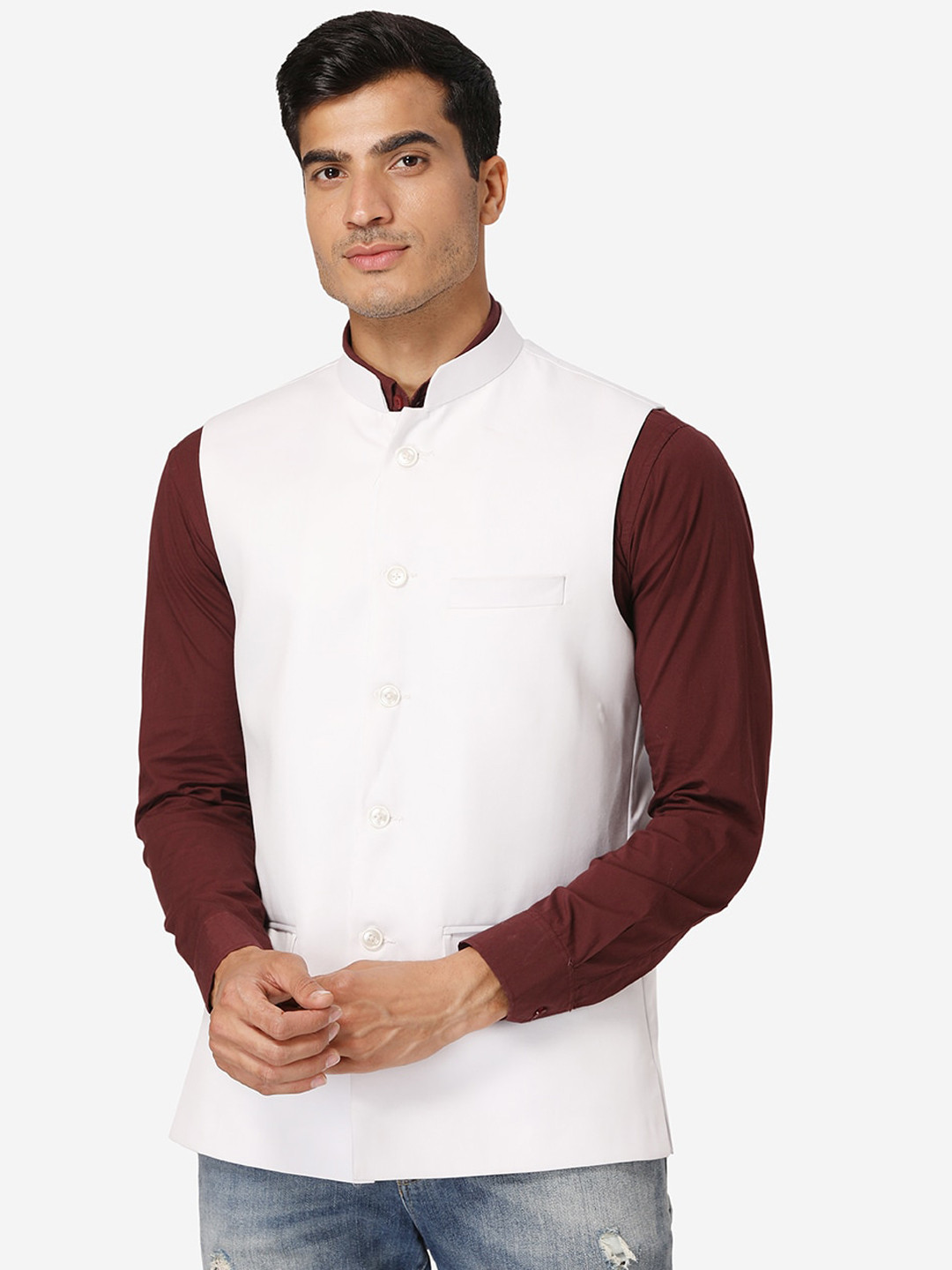 

Wintage Men White Solid Satin Nehru Jacket