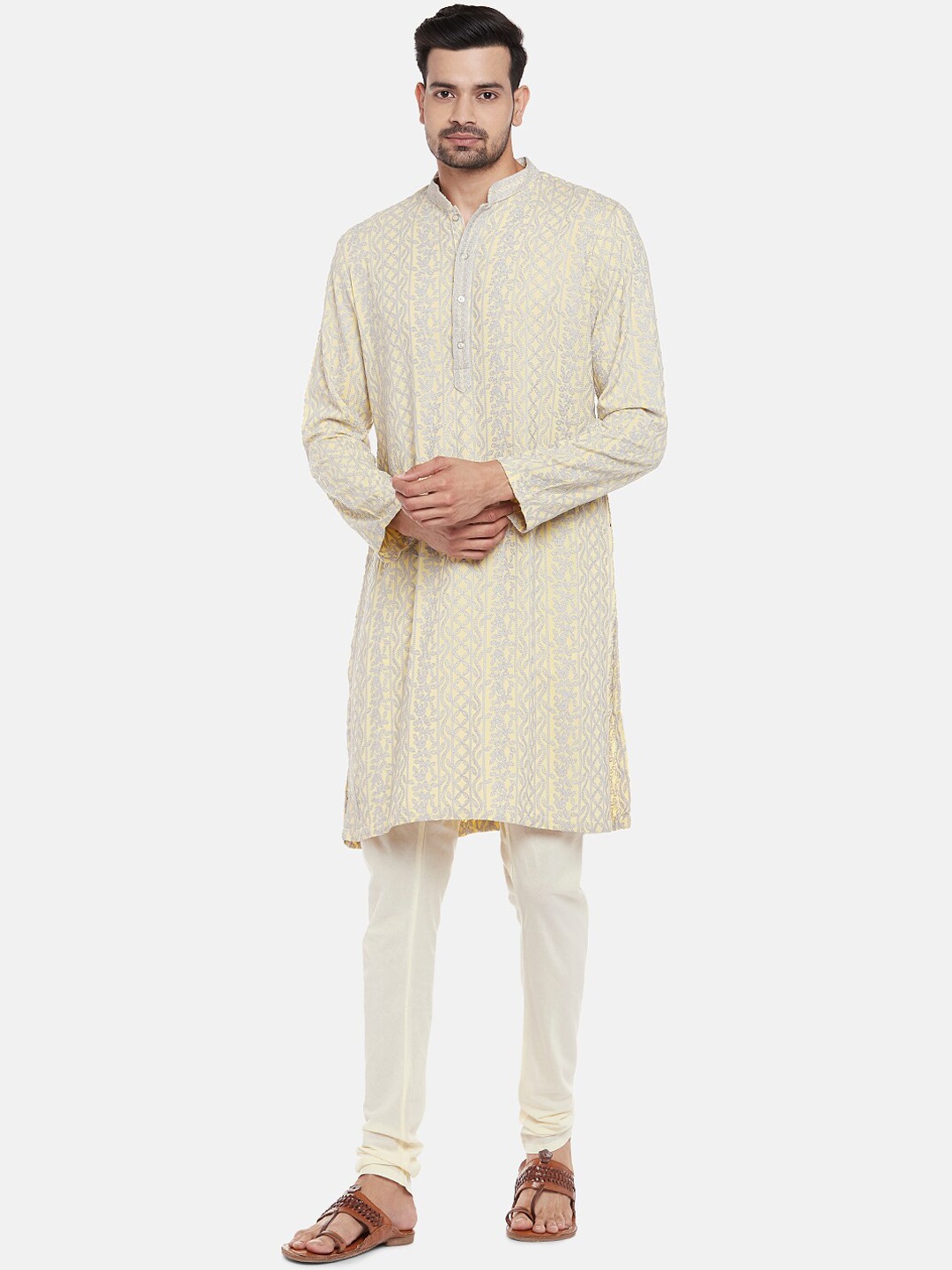 Ethnicity Men Yellow Self Design Kurta with Churidar