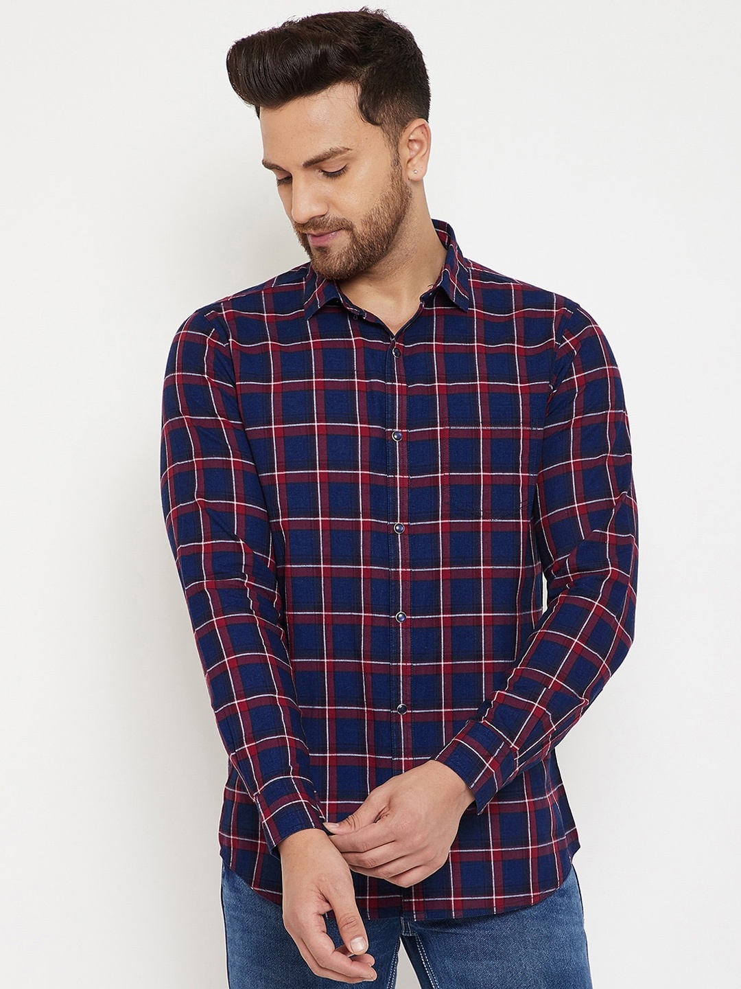 

Canary London Men Navy Blue & Red Slim Fit Checked Casual Shirt