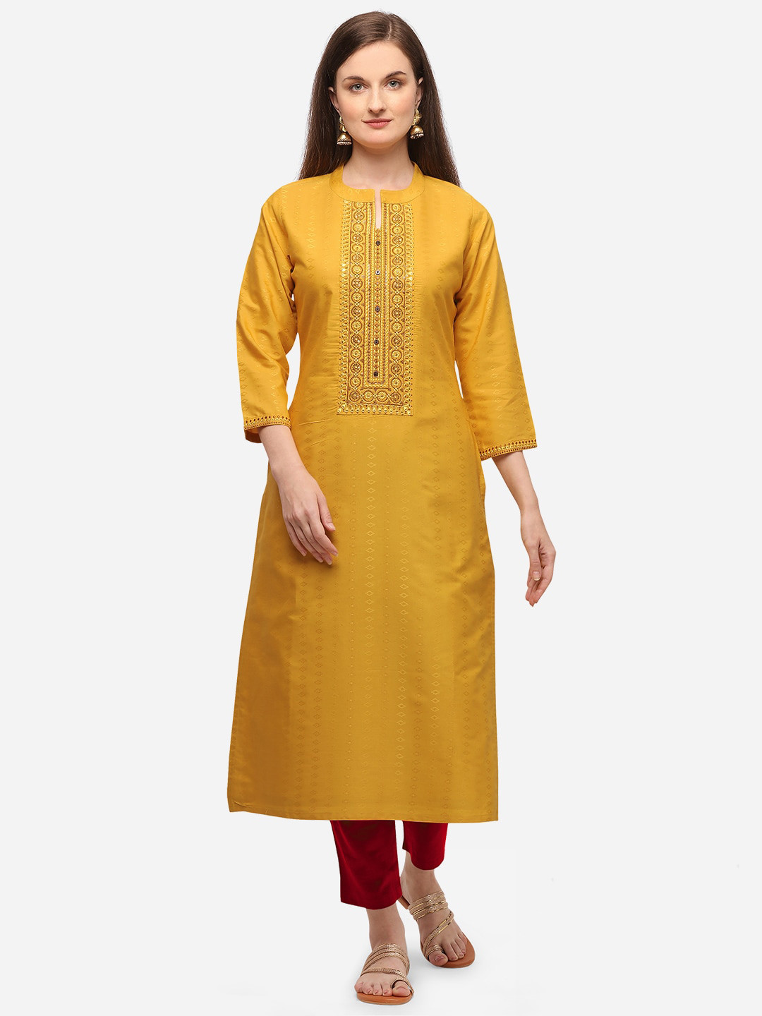 

SheWill Women Mustard Yellow Embroidered Kurta