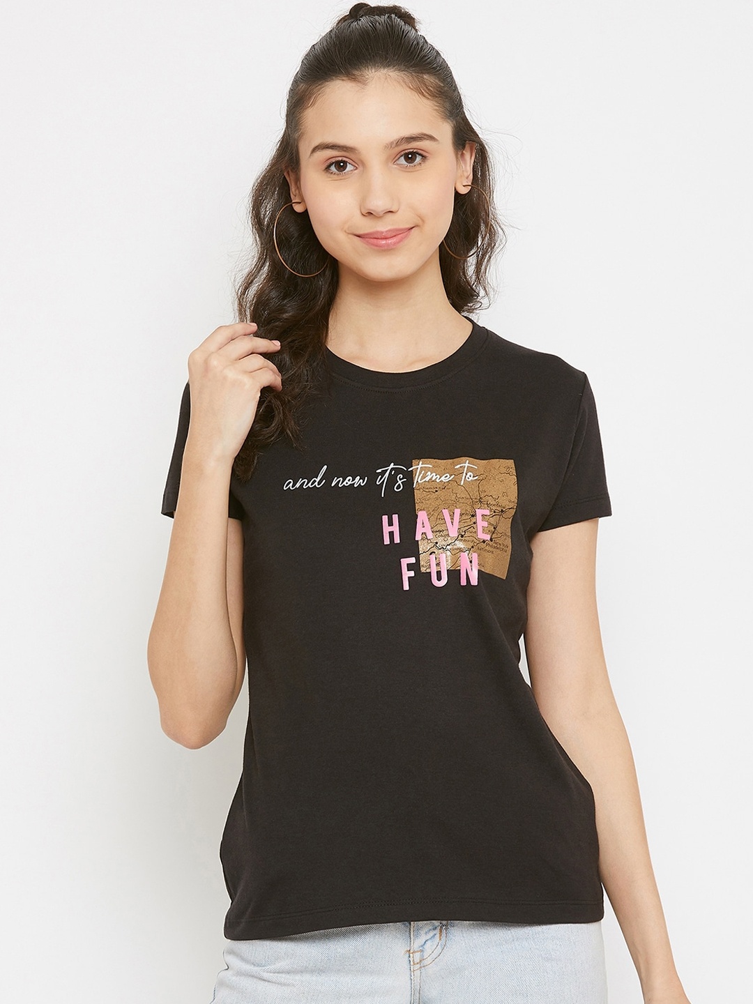 

Plagg Women Black Printed Round Neck T-shirt