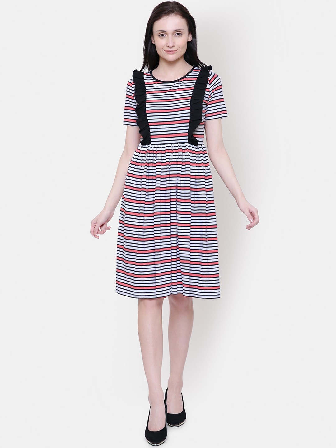 

Yaadleen Women White & Black Striped Fit and Flare Dress