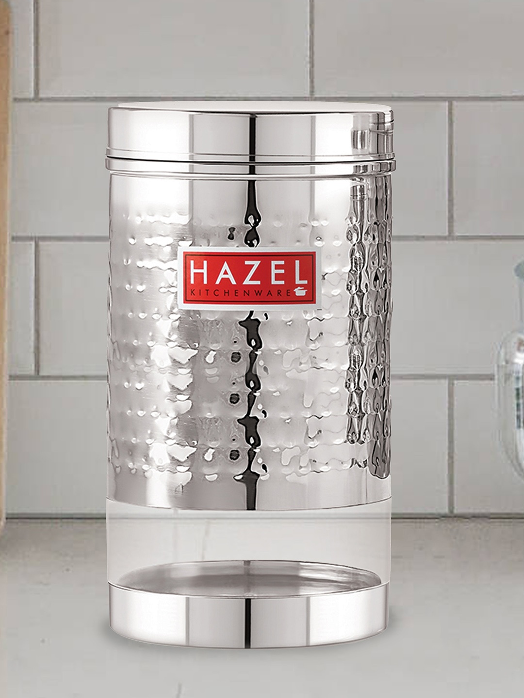 

HAZEL Set Of 5 Silver-Toned & Transparent Stainless Steel Hammered Finish See-Through Storage Jars