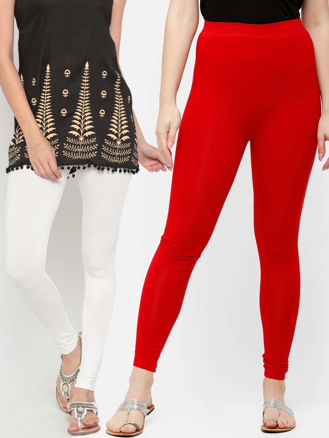 

De Moza Women Pack Of 2 White & Red Solid Ankle-Length Leggings
