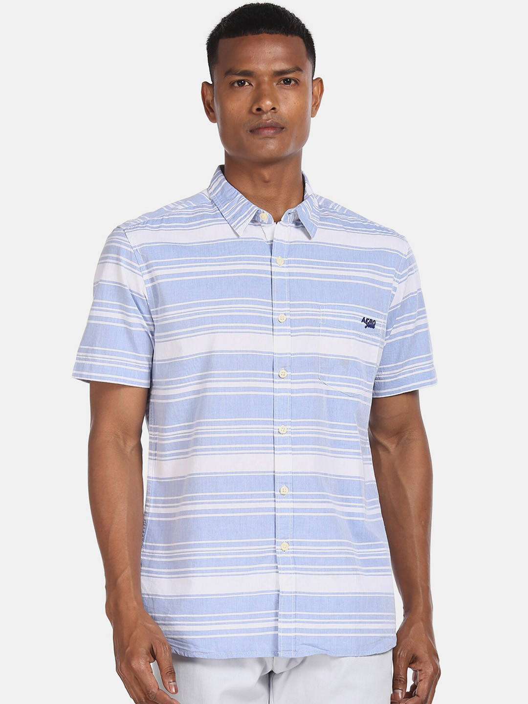 

Aeropostale Men Blue & White Regular Fit Striped Cotton Casual Shirt