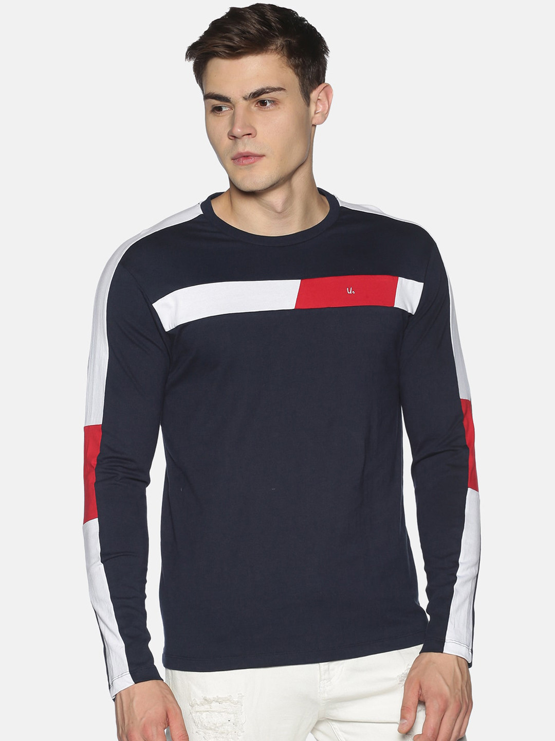 

UrGear Men Navy Blue Colourblocked Round Neck T-shirt