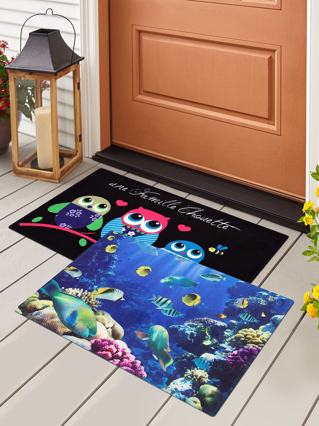 

Story@home Set Of 2 Printed Anti-Skid Doormats, Black