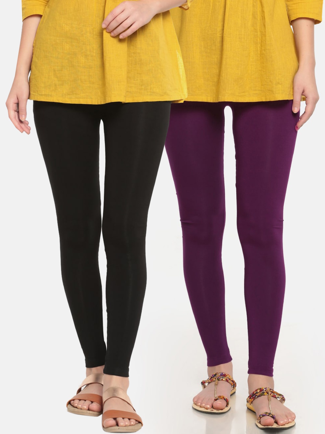 De Moza Women Black & Purple Pack Of 2 Solid Ankle-Length Leggings
