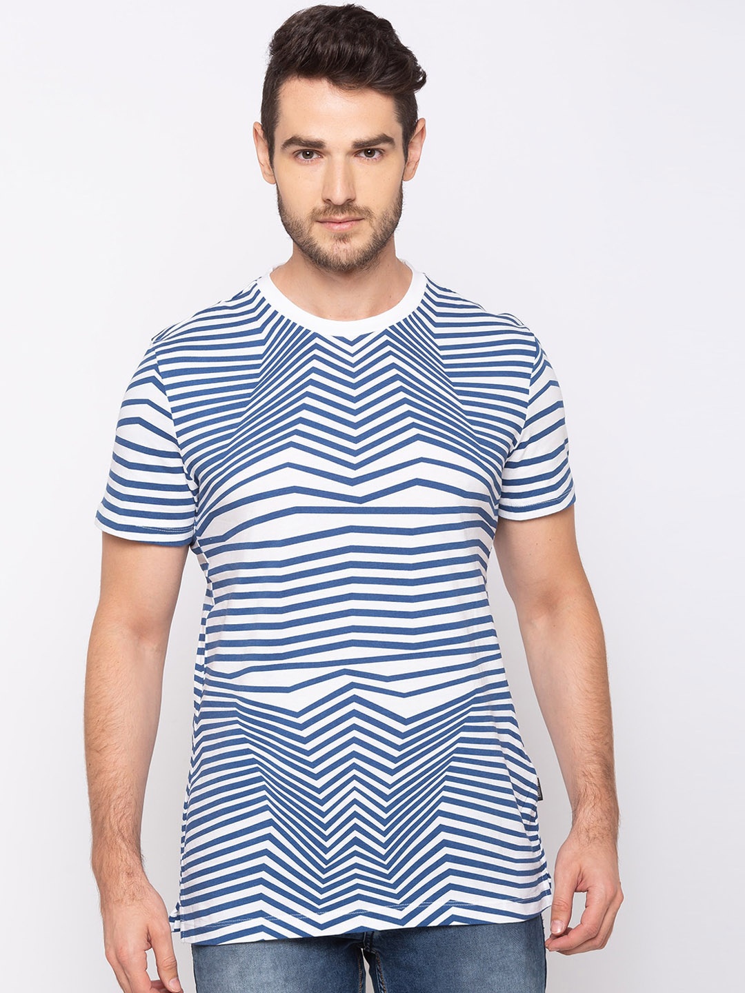 Kenneth Cole Men Blue Striped Round Neck T-shirt