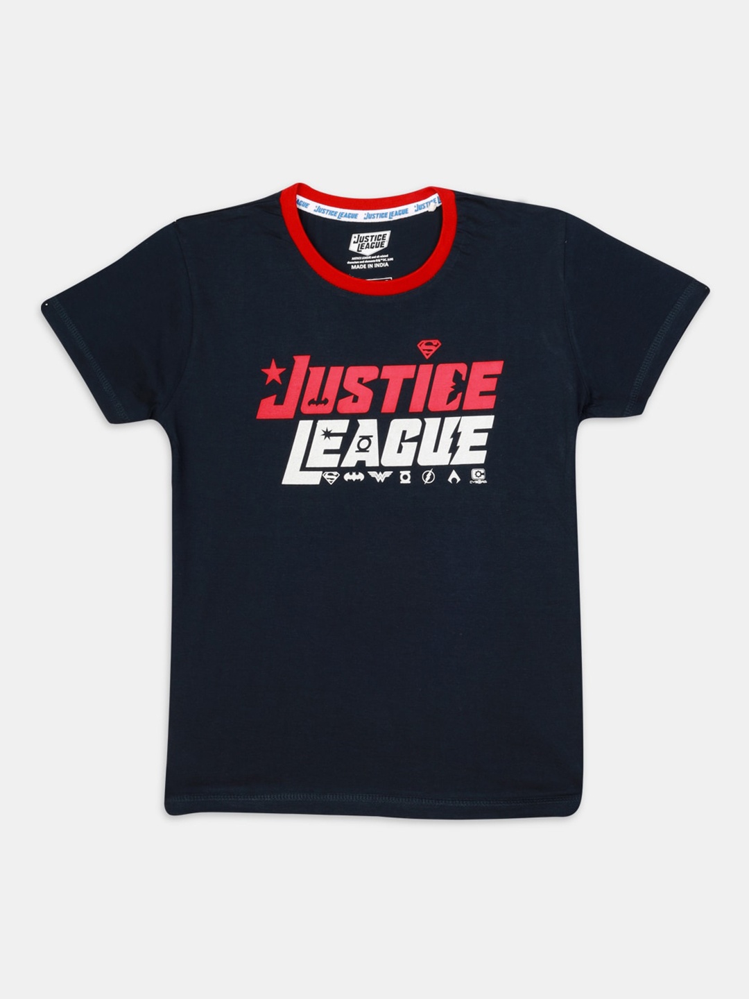 

Nap Chief Kids Navy Blue Justice League Printed Round Neck Pure Cotton T-shirt